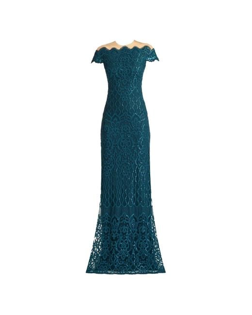 Tadashi Shoji Blue Sequin-Embellished Lace-Overlay Maxi Dress