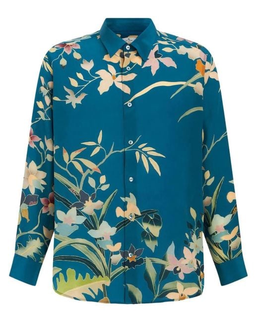 Etro Blue Floral-print Silk Crepe De Chine Shirt for men