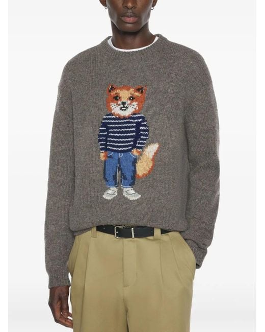 Maison Kitsuné Gray Dressed Fox Intarsia Wool Jumper for men