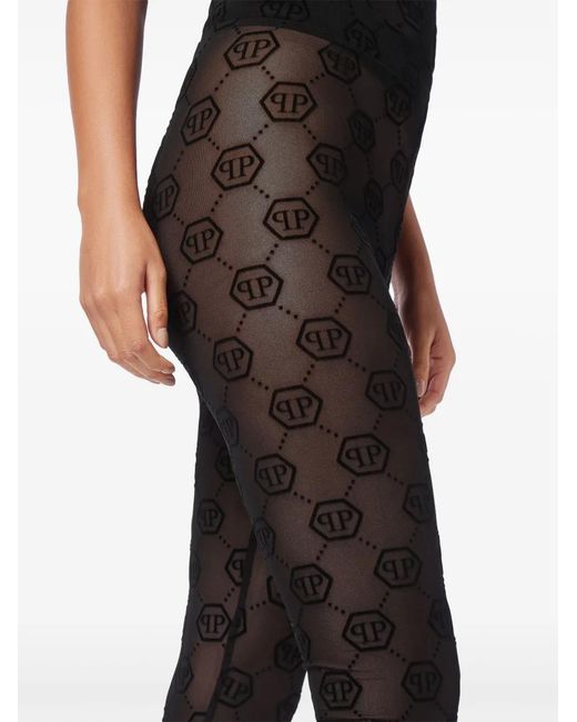Philipp Plein Gray Monogram-Pattern Tulle Leggings