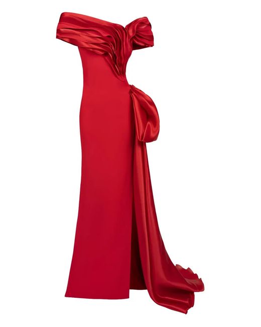 Gaby Charbachy Red Ruffled Bow-Embellished Evening Gown