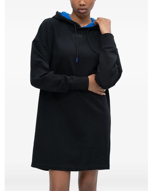HUGO Black Logo-Patch Drawstring-Hood Mini Dress