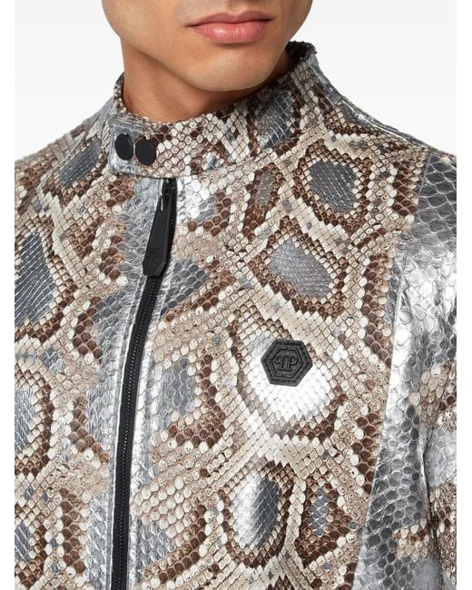Philipp Plein Leren Jack Met Python-Effect in het Gray voor heren