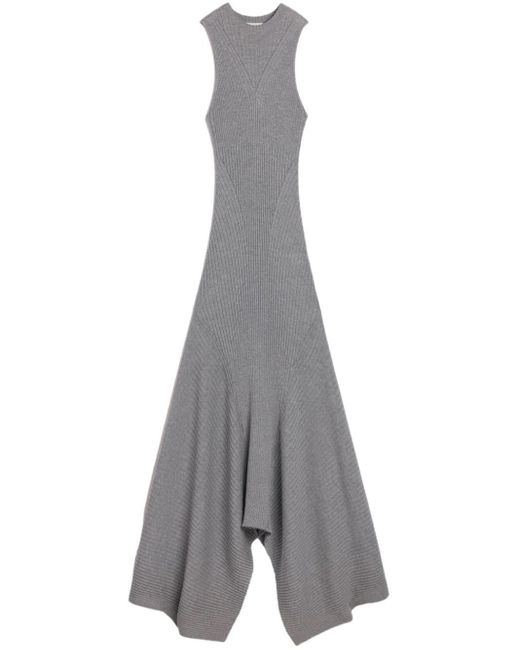 AMI Gray Asymmetric Ribbed-knit Wool Dress