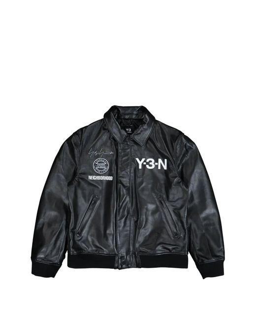 Y-3 Black Logo Leather Bomber Jacket for men