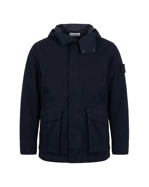 Stone Island Blue Manteau À Poches À Rabat Et Capuche for men