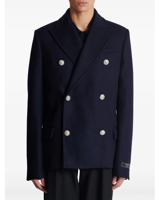 Balmain Blue Double-Breasted Coat With Logo Buttons for men