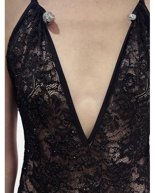 Philipp Plein Black Piercing Collar Open Back Bodysuit Monogram Strass
