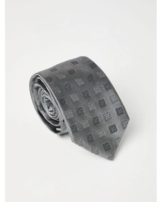 Brunello Cucinelli Gray Silk Tie With Squares Pattern for men