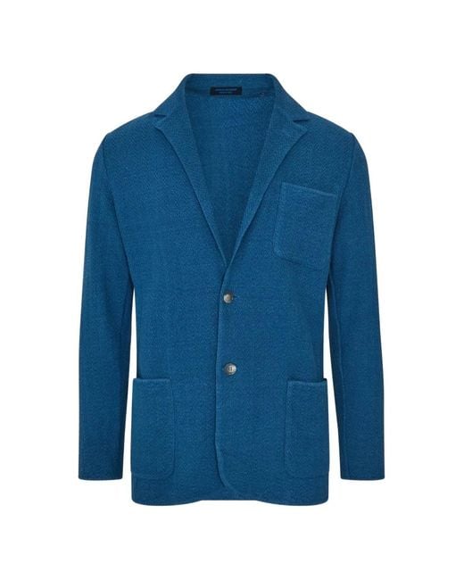 Patrick Assaraf Blue Herringbone-Knit Single-Breasted Blazer for men
