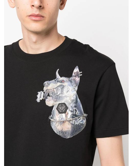 Philipp Plein Black Graphic-Print Cotton T-Shirt for men