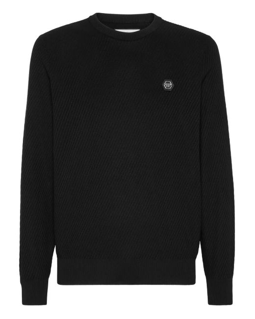 Philipp Plein Black Ribbed Logo-Plaque Sweater for men