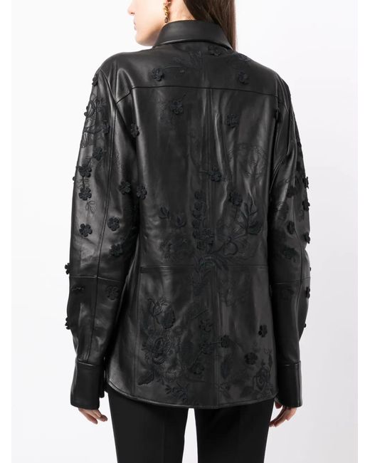 Elie Saab Black Floral-Embroidered Leather Shirt Jacket