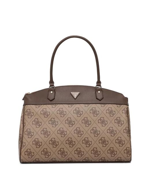 Guess Brown Maxi Berta 4G Monogram-Print Logo-Plaque Tote Bag