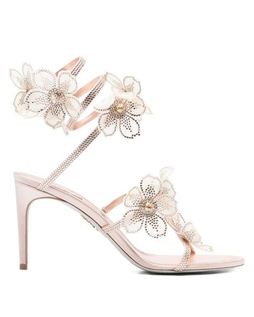 Rene Caovilla White Floriane Flowers Strass Embellished Heeled Sandals