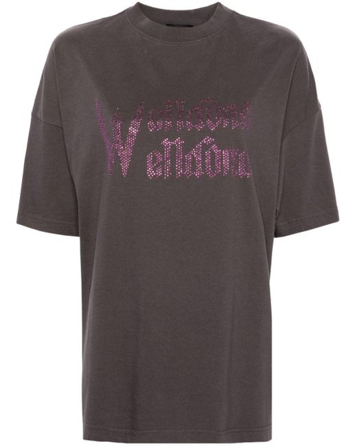 we11done Gray Rhinestone Logo Cotton T-shirt