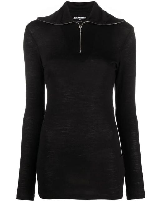 Jil Sander Black High-Collar Long-Sleeve Top With Zipper Detail