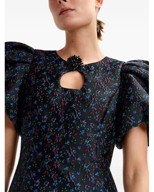 Essentiel Antwerp Black Puff-Sleeve Floral-Print Mini Dress
