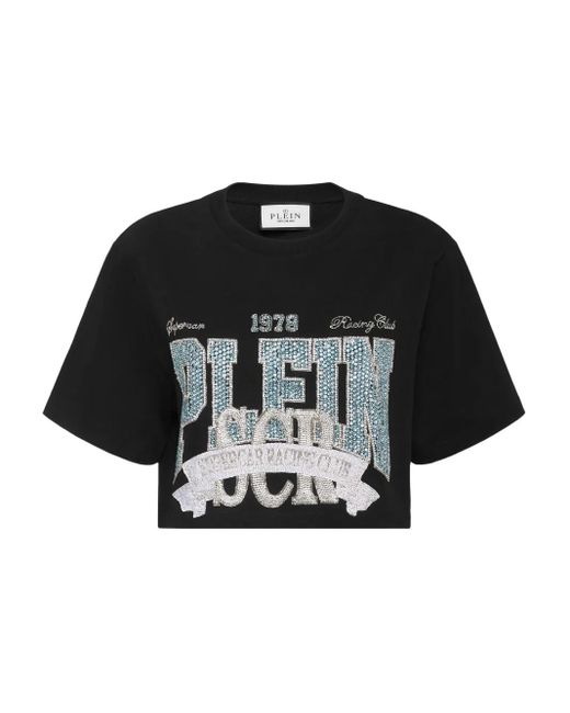 Philipp Plein Cropped T-Shirt Verfraaid Met Kristallen in het Black
