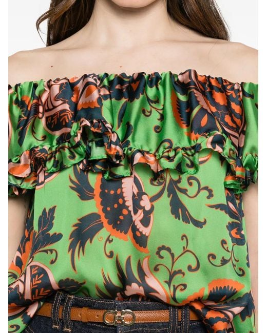 Etro Green Ruffled Floral-Print Blouse