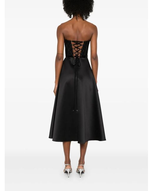 Nissa Black Corset-Style Taffeta Midi Dress
