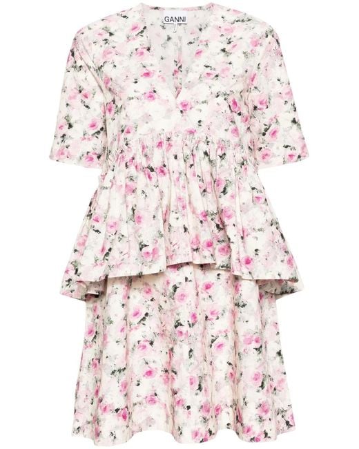 Ganni Pink Floral-Print Ruffled Dress