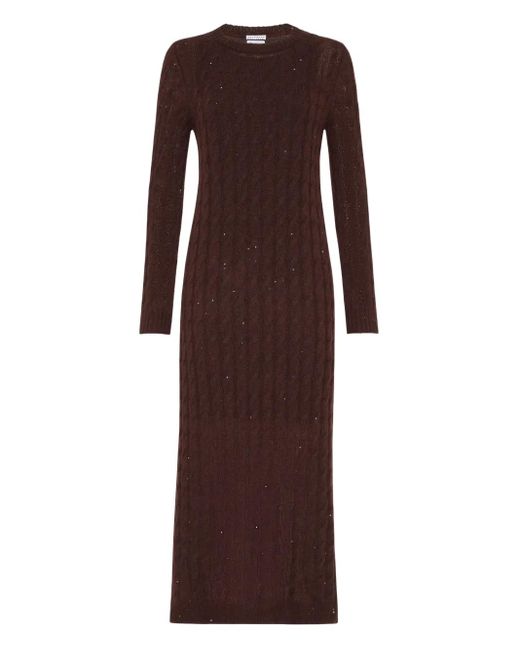 Brunello Cucinelli Brown Sequined Cable-Knit Midi Dress