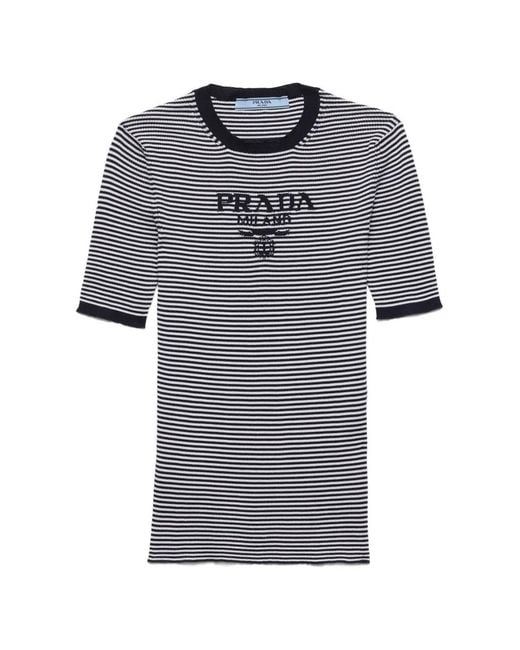 Prada Gray Striped Silk Crew-Neck Sweater