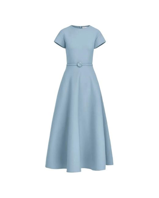 Oscar de la Renta Blue Belted Cap-Sleeve Flared Dress