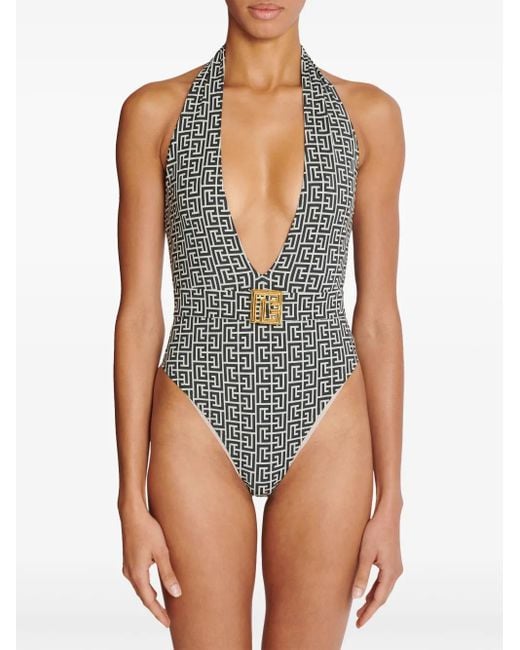 Balmain Black Pb Labyrinth-Print Swimsuit