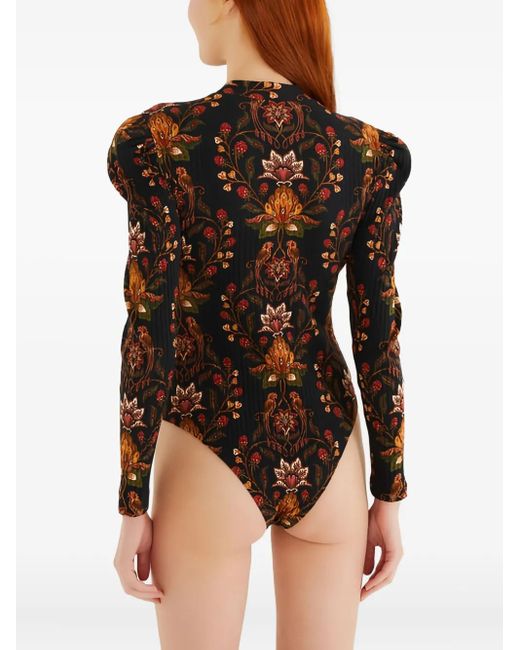 Farm Rio Black Puffed-sleeve Floral-pattern Bodysuit