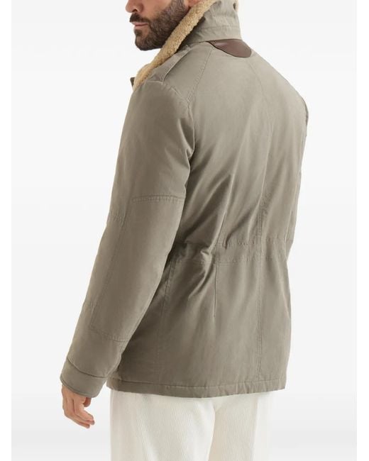 Brunello Cucinelli Gray Waxed Techno Cotton Safari Jacket With Thermore Padding, Nappa Leather Inserts And Shearling Collar for men