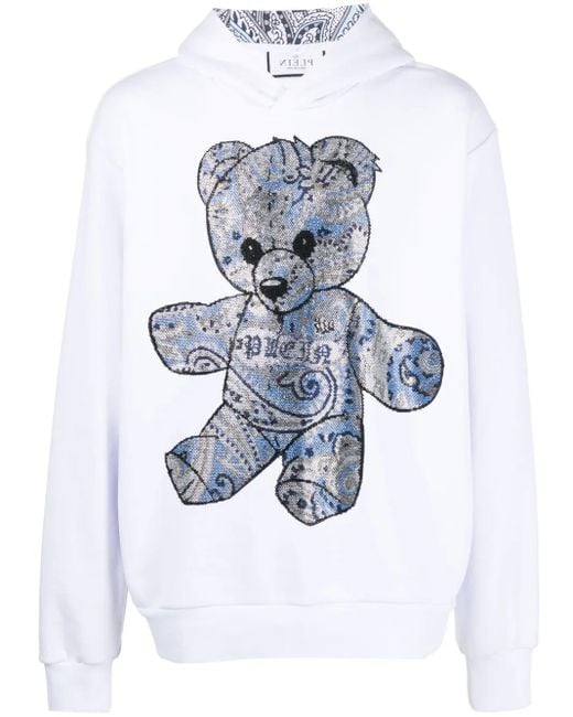 Philipp Plein White Rhinestone Teddy-Bear Print Hoodie for men