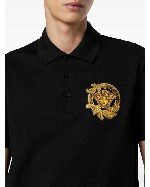 Versace Black Embroidered Cotton Piqué Polo Shirt for men