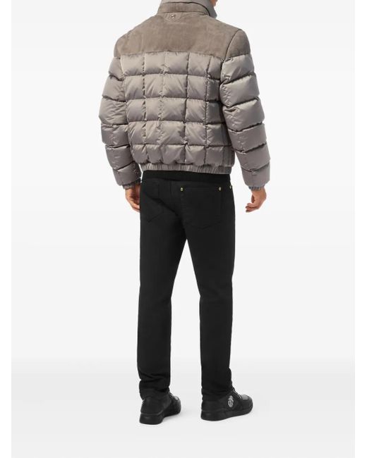 Billionaire Gray Quilted Suede-Panel Puffer Jacket for men