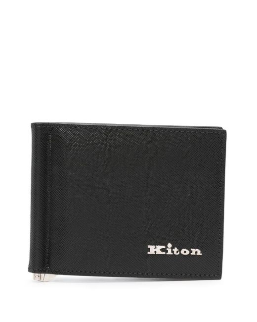 Kiton Black Leather Folding Card Holder With Logo for men