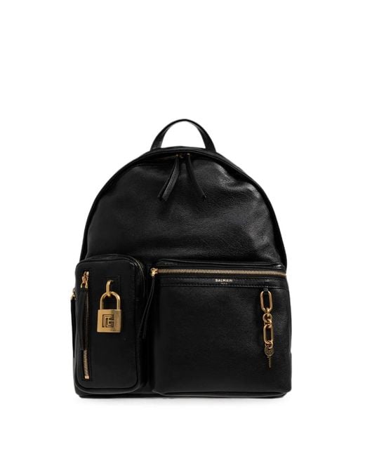 Balmain Black Padlock-Detail Leather Backpack for men