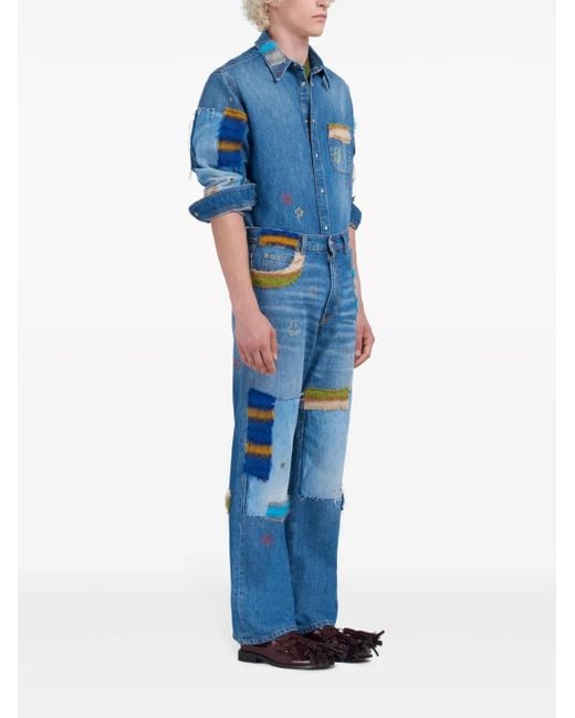 Marni Blue Patchwork Denim Shirt for men