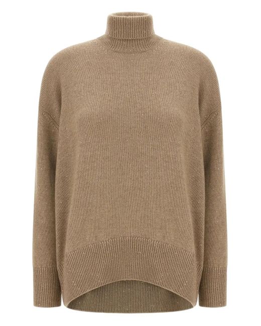 Brunello Cucinelli Brown Sequin-Applique High-Neck Sweater