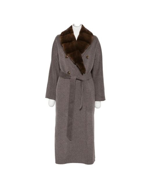 Liska Brown Fur-Trim Double-Breasted Coat