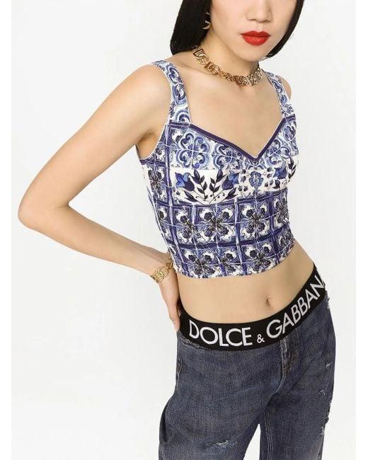 Dolce & Gabbana Blue Majolica-Print Corset Top
