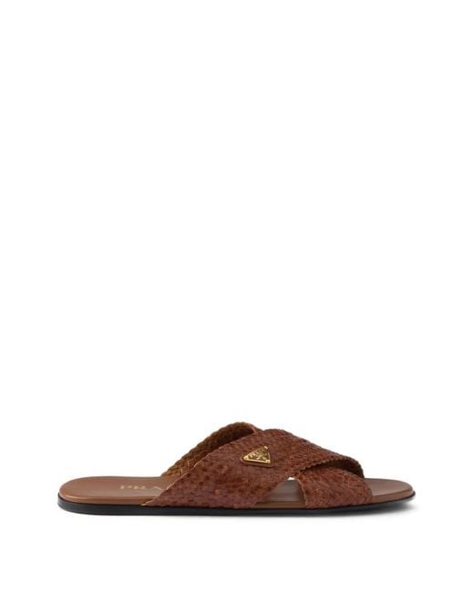Prada Brown Leather Crisscross Slides