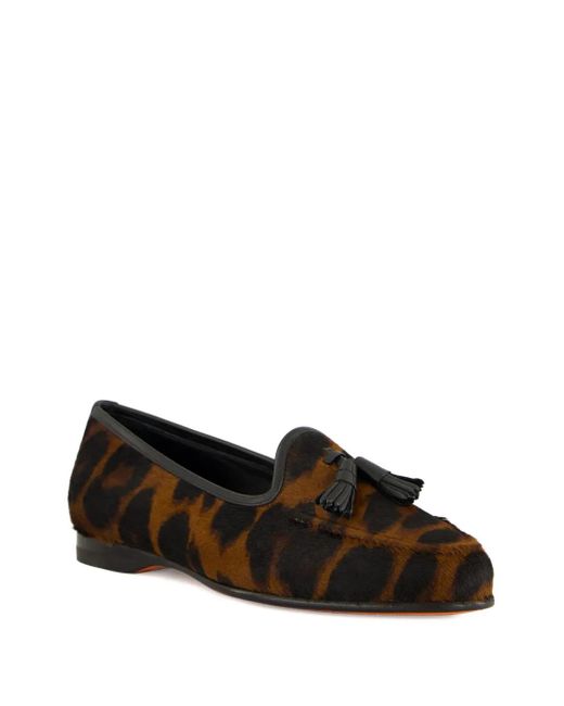 Santoni Brown Leopard-Print Tassel Loafers