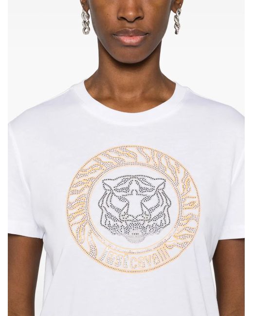 Just Cavalli White Tiger Head Studded Cotton Tee