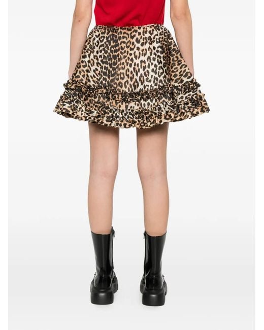 Ganni White Ruffled Leopard-Print Mini Skirt