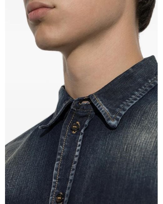 DSquared² Blue Faded Leather-Patch Denim Shirt for men