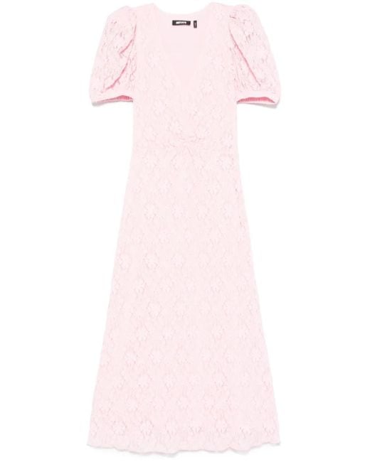 ROTATE BIRGER CHRISTENSEN Pink Lace Puff-Sleeve Midi Dress