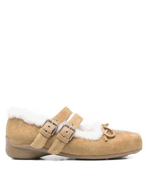 OPEN YY Natural Shearling Heart-Stud Ballet Flats