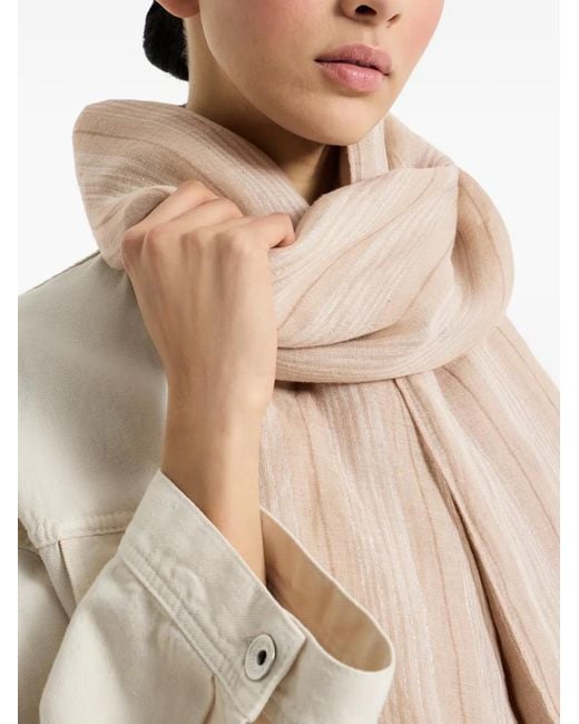 Brunello Cucinelli Natural Linen Scarf With Sparkling Regimental Stripes