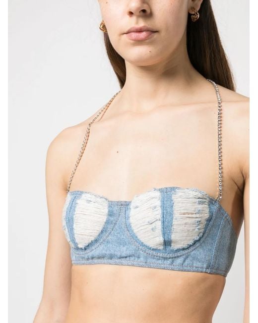 Gcds Blue Ribbed Washed-Denim Crop Top